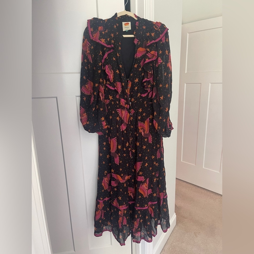 Farm Rio Black Macaws Maxi Dress Star Bird Printed Ruffle V Neck Midi - Picture 2 of 8